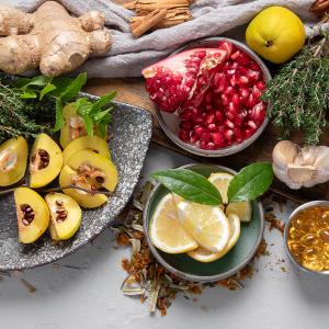 food spread with lemons and pears and berries and ginger for detox