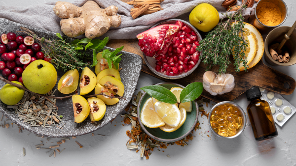 food spread with lemons and pears and berries and ginger for detox