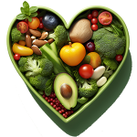 FoodHeart heart shaped green bowl filled with nuts and veggies