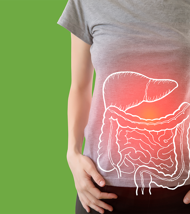 Toxicity image of womans torso and drawing of organs on shirt with a red orange glow