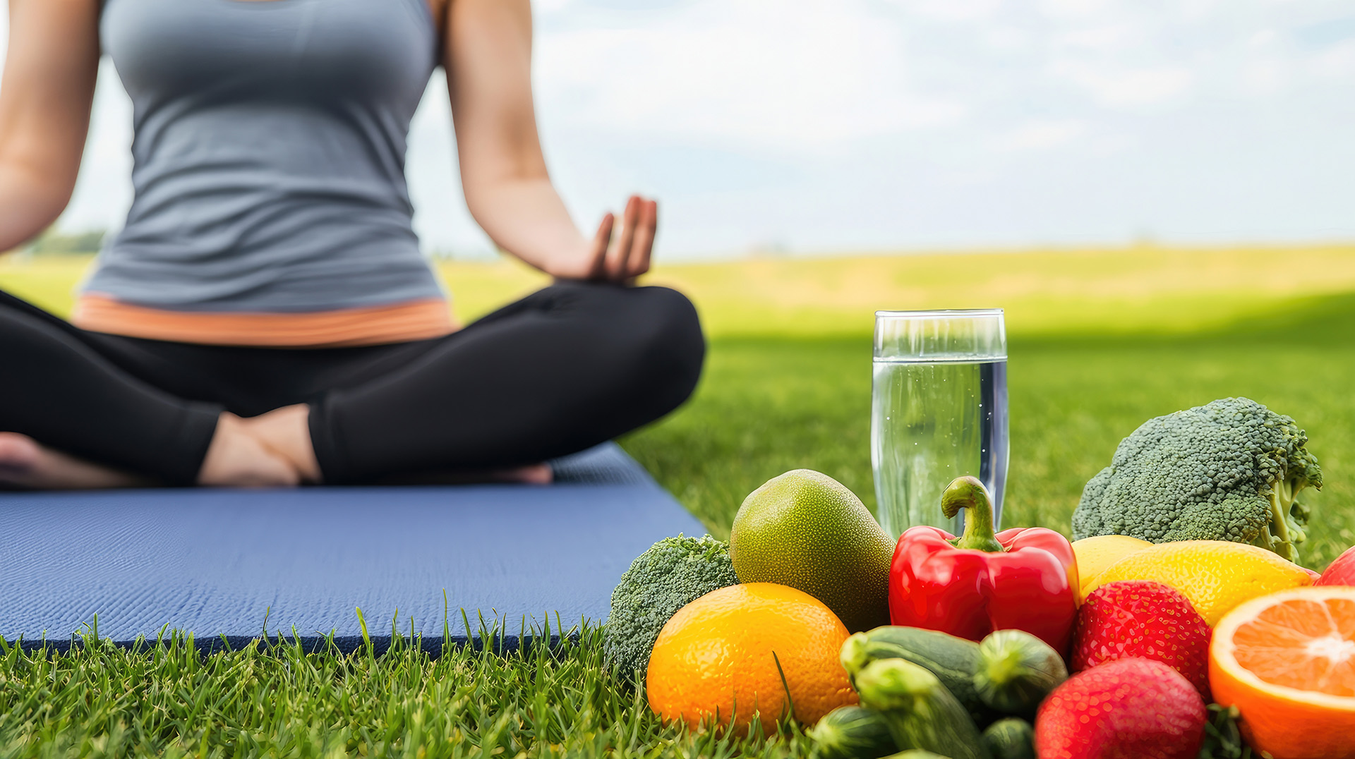 Woman meditating by fresh fruits and veggies