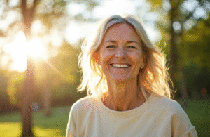 smilling woman in the woods in the sunshine for blog post about healthy eating and exercise habits and weight loss